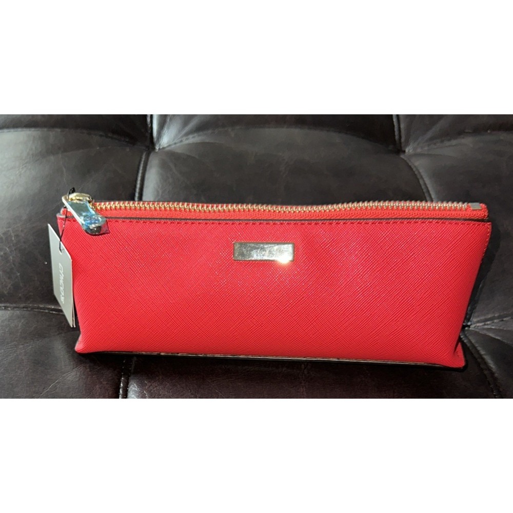Chico's Red Cosmetic Pencil Case Black &‎ White Polka Dot Interior 8 x 3 x 2.5"